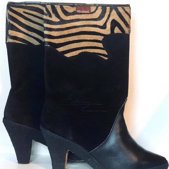 Vintage TED LAPIDUS Black & Tiger Print Leather & Suede Boots, Never Worn, 38/7 - Picture 3 of 10